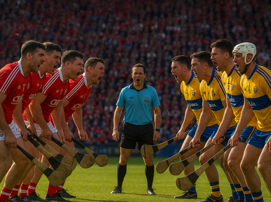 Players from Cork and Clare face off in an intense pre-match standoff, hurleys raised and ready, showcasing the fierce rivalry of Cork versus Clare in a packed hurling stadium.