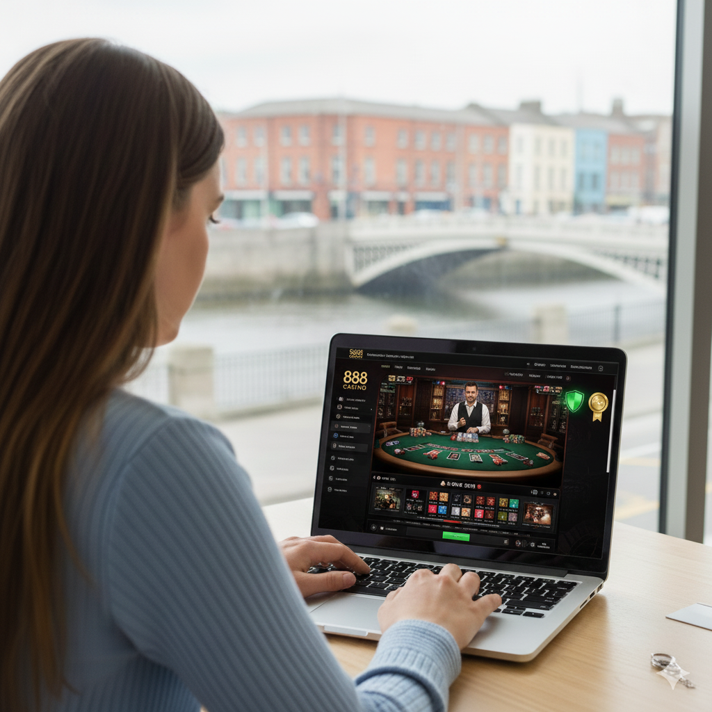Woman playing 888 Casino live dealer blackjack on laptop