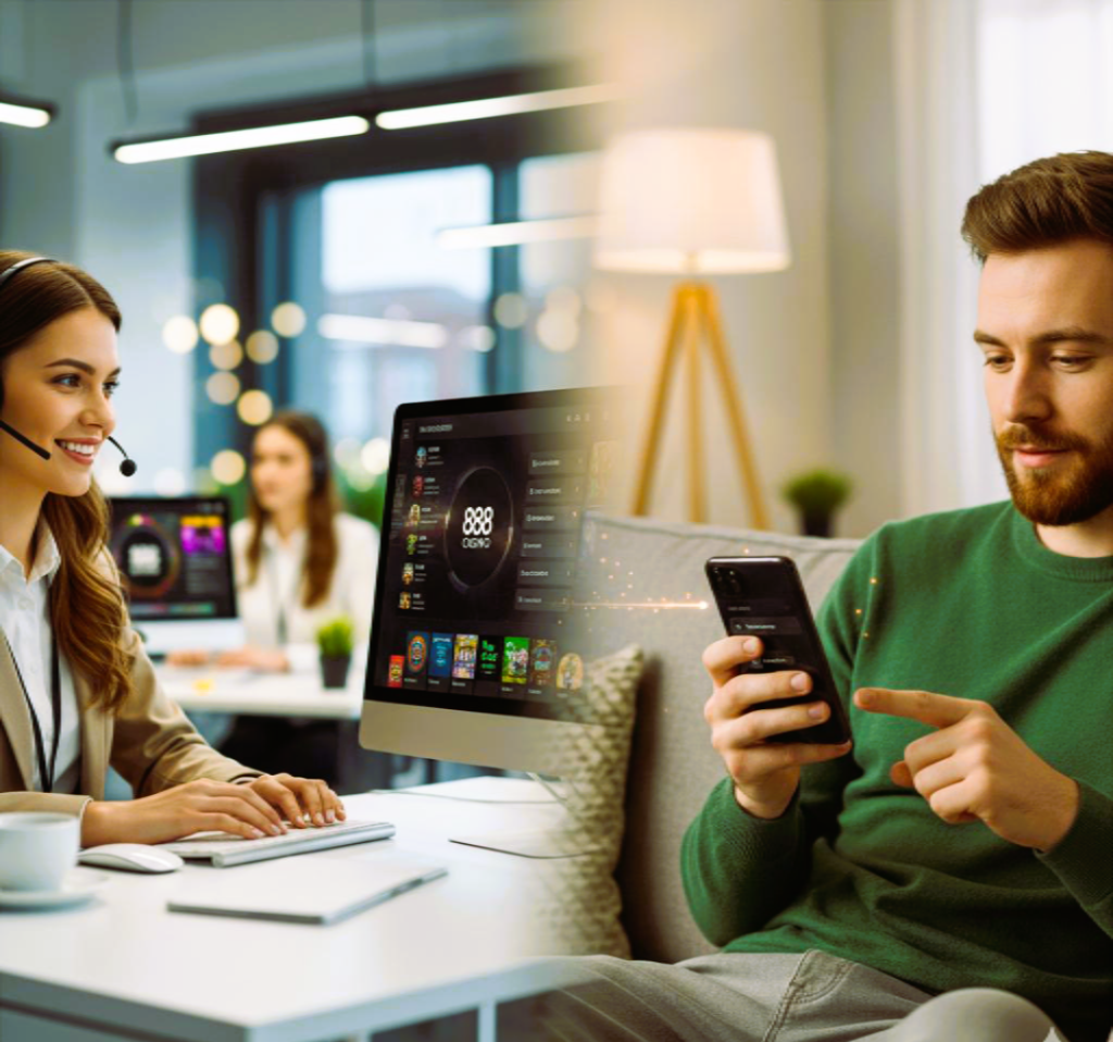 888 Casino customer support agent helping player with mobile gaming and account queries